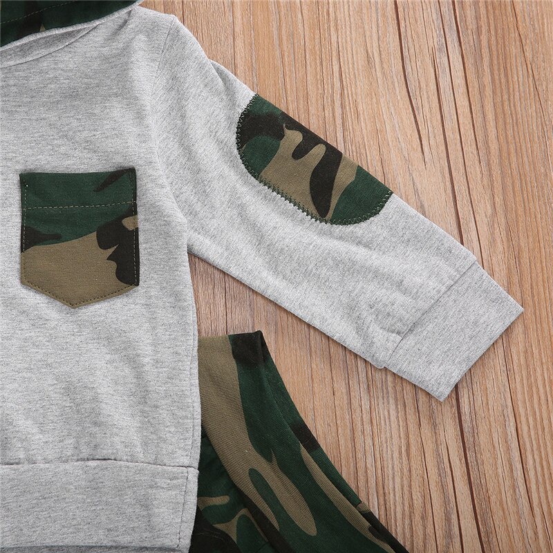 Babykläder Set för Pojkar - Kamouflageprint Huvtröja Långärmad Pullover Topp + Byxor 2-delat