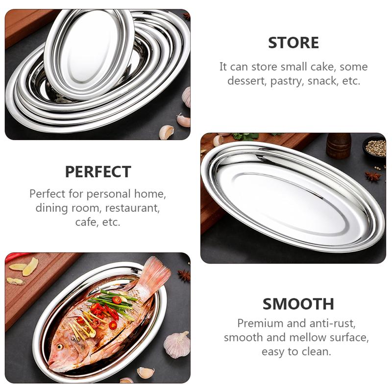 1pc Stainless Steel Dinner Plate Restaurant Serving Plate Oval Steaming Fish Plate Snack Dessert Dish Kitchen Service Tray