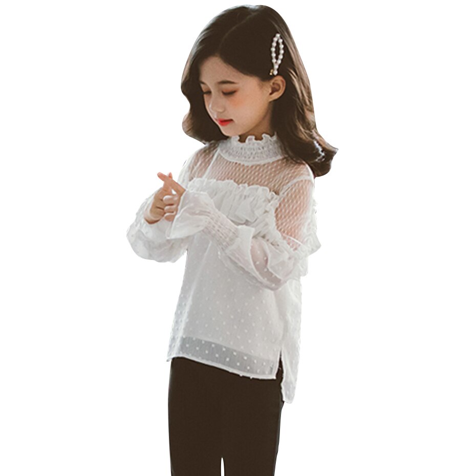 Blouse For Girls Mesh Children's Wihte Shirts For Girl Dot Pattern Girls School Blouse Casual Style Big Girls Clothes