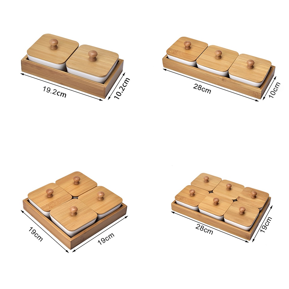 Japan Style Kitchen Organizer Ceramic Bowls Food Storage Containers with Bamboo Lid and Pallets Snack Serving Tray