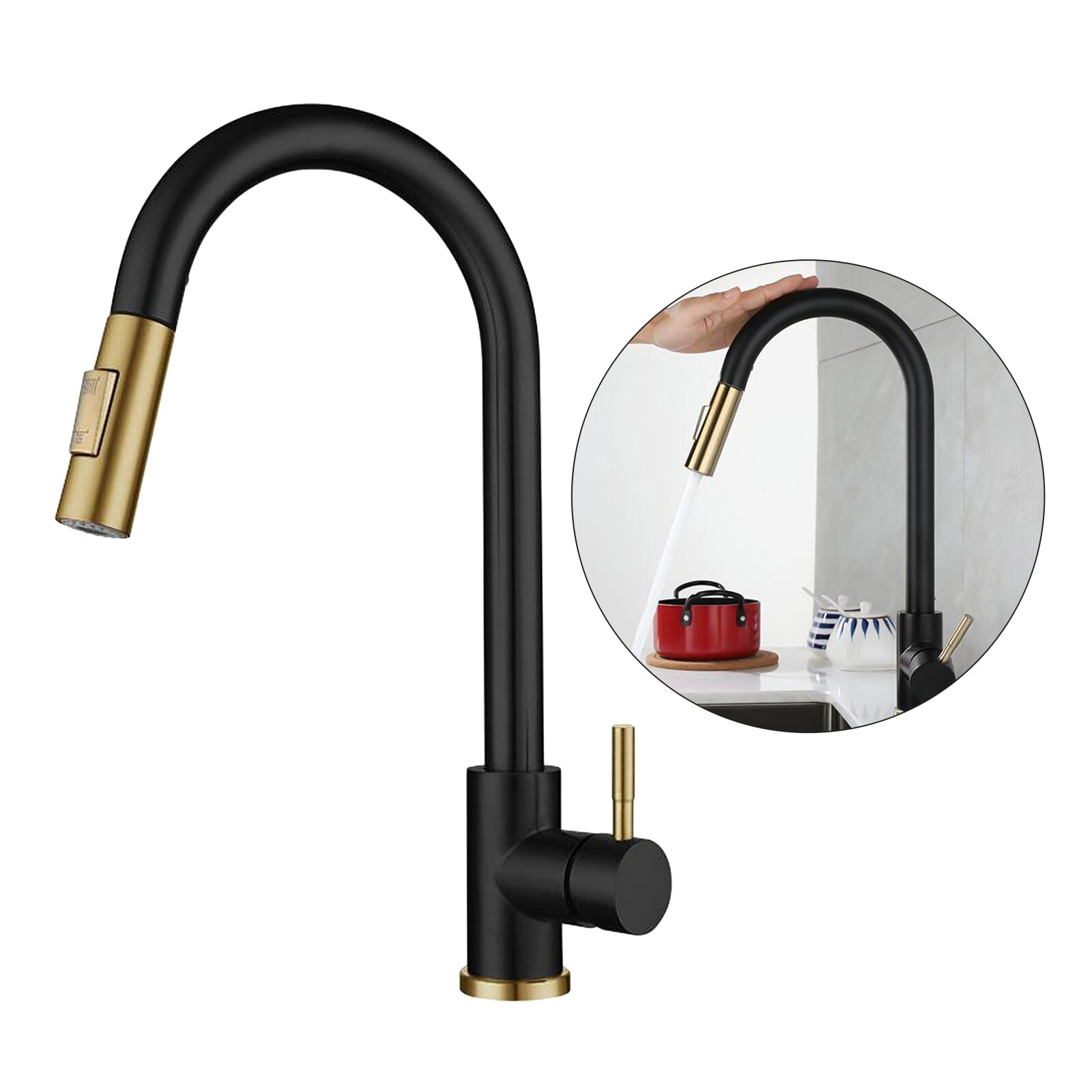 Smart Touch On Kitchen Faucet Sensor 360 Rotation Pull Out Single Handle Mixer Tap Two Water Modes Sink Crane Cold: Black Golden