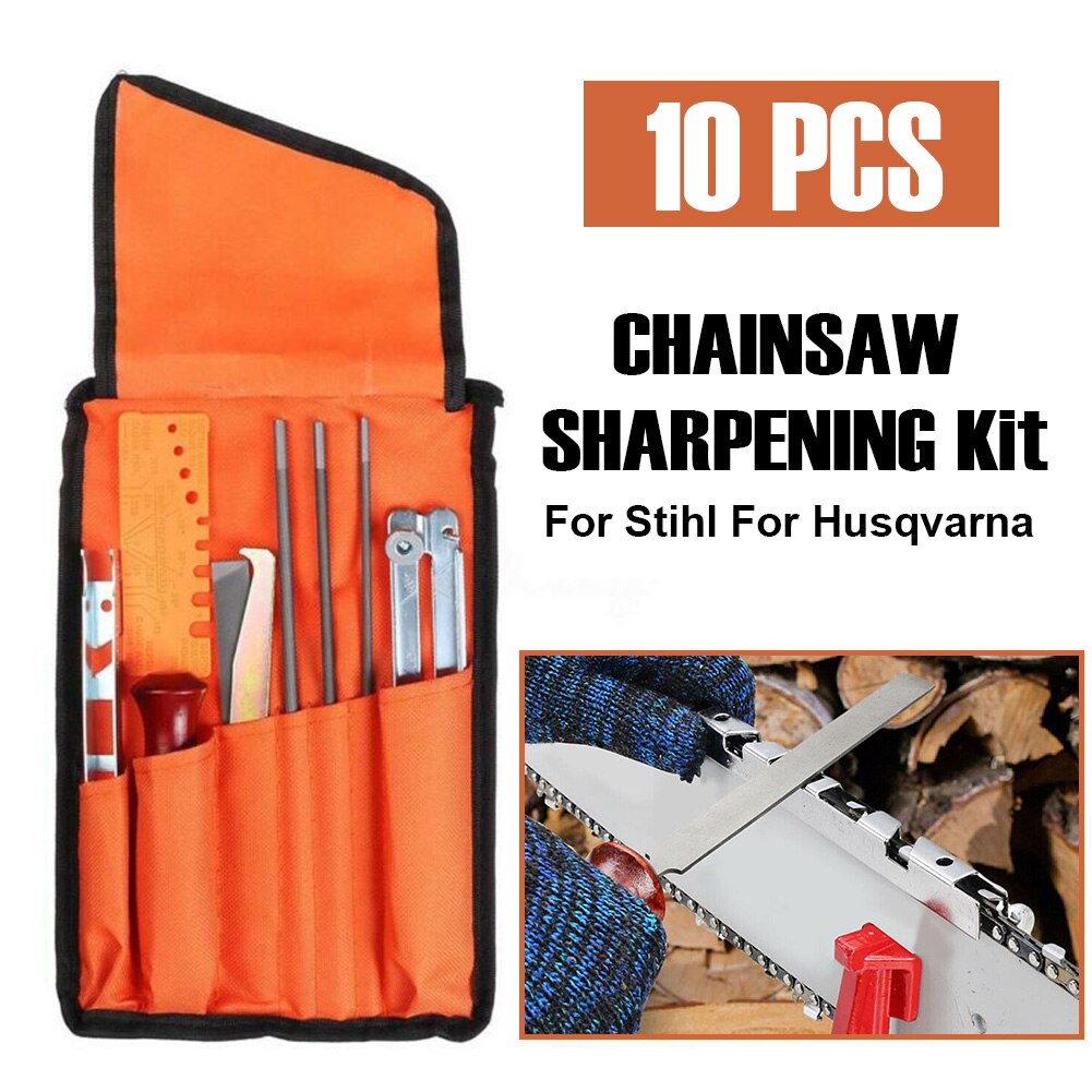 10pcs Chainsaw Sharpening File Kit Alloy Steel Ergonomic Wooden Handle 5/32 3/16 7/32 Inch Home Tools With Carrying Pouch