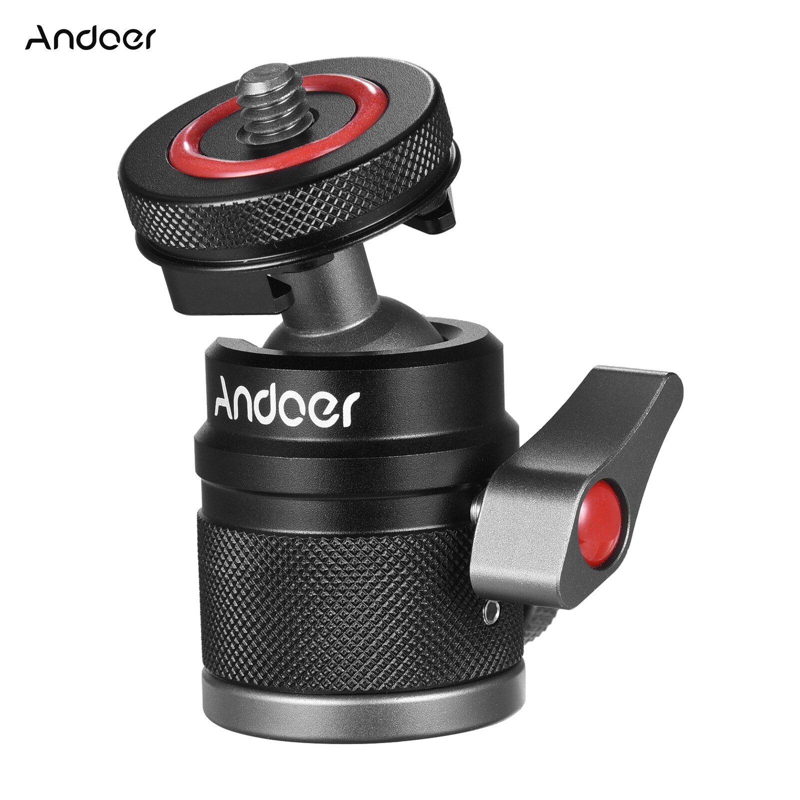Mini adaptador de cabeça de esfera andoer, adaptador de sapata fria com rotação 360 °, liga de alumínio, parafuso de 1/4 "e 3/8" para monitor de câmera