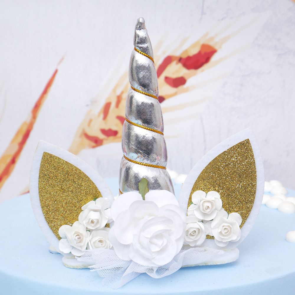 14 cm Goud Zilver Eenhoorn Hoorns Cake Topper Kids Verjaardagstaart Decoratie Halloween Verjaardagsfeestje Event Cake Tool: silver