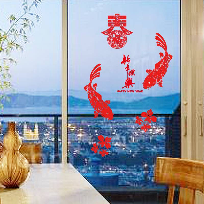 5 Style Chinese Year paper Cut wall sticker Red Chinese Knot Window Sticker lantern Door Stickers