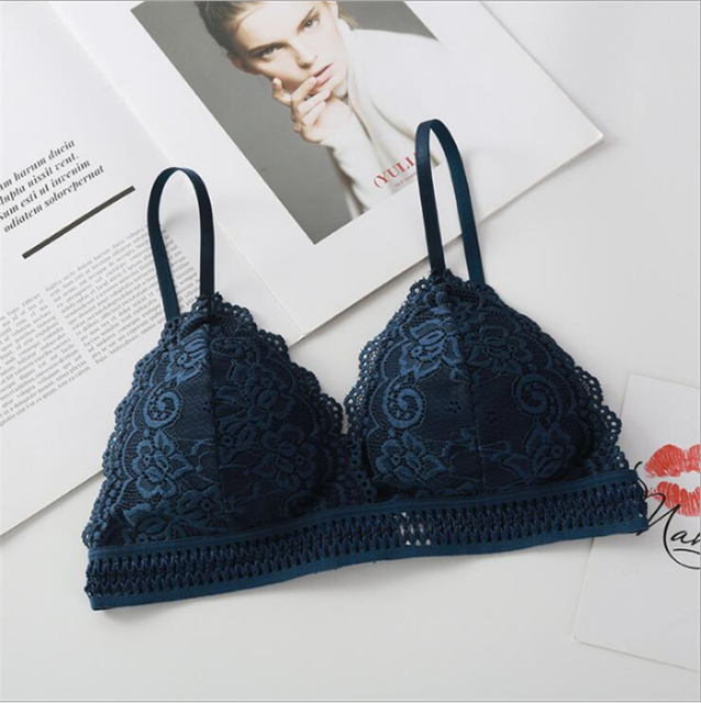 Women&#39;s Bra French Triangle Cup No Steel Ring Women&#39;s Underwear Bra Tube Top Sexy Lace Deep V Bo Style Wrapped Bralette: Blue