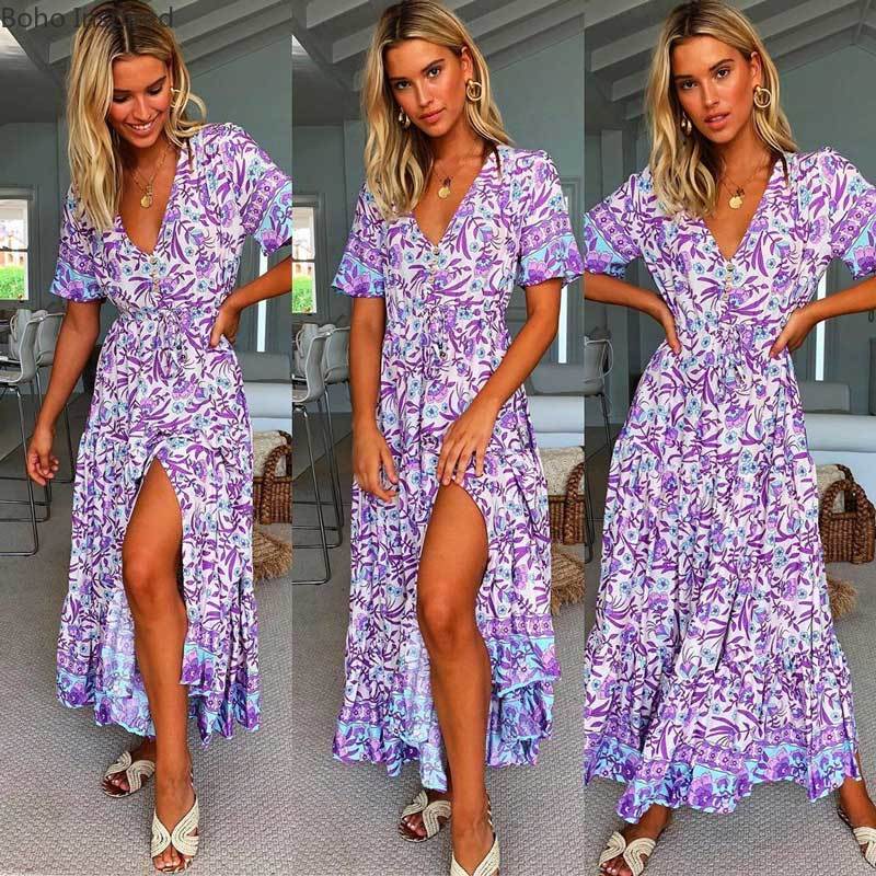 Boho inspirert lilla floral maxi kjole v-hals rayon lilla boho kjole uformell vårsommer kjole til kvinner elegant lang kjole