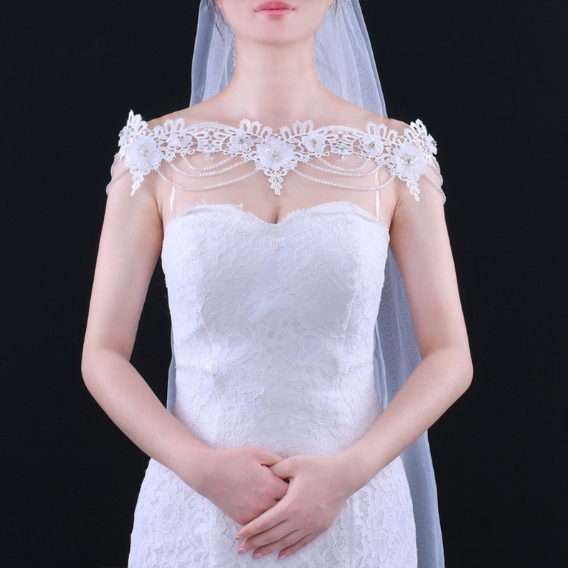 634D Wedding Bridal Jewelry Off Shoulder Chain Necklace Embroidery Lace Flower Bib Collar Faux Crystal Beading Shawl Wrap