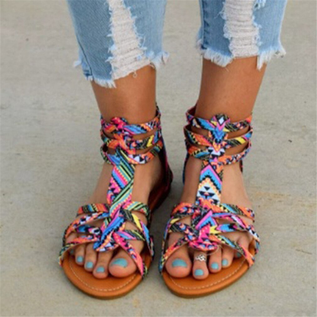 Bohemian Women Flat Shoes Ethnic Bohemian Summer Women Beach Sandals Gladiator Roman Strappy Embroidered Outdoor Shoes