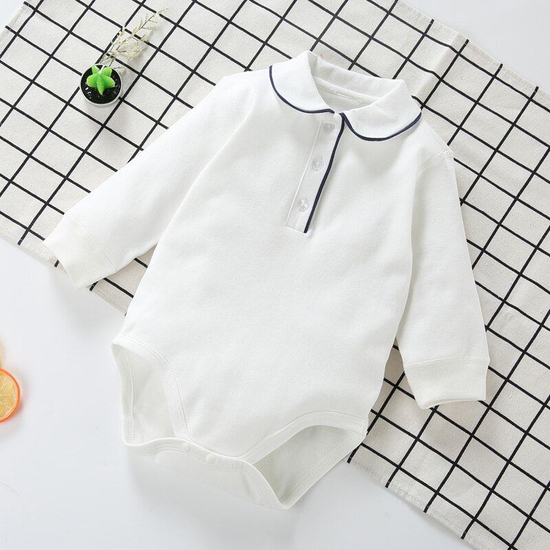 Baby Pasgeboren Jongen Meisje Turn-Down Kraag Babykleertjes Lange Mouwen Baby Jumpsuit Peuter Knappe Heren Wit Lichaam 0-3years