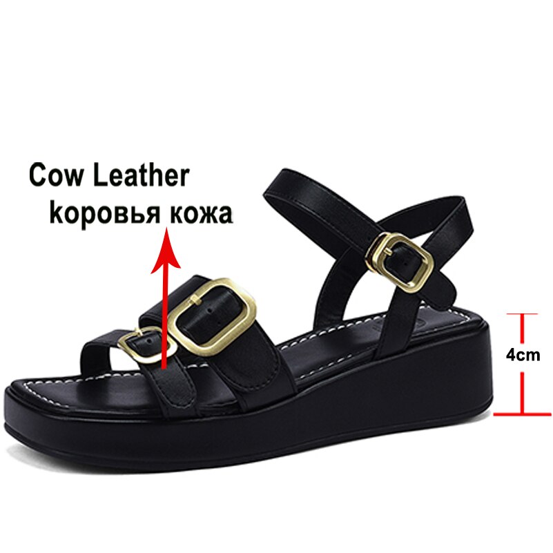 Meotina Shoes Women Genuine Leather Ankle Strap Sandals Flat Platform Buckle Ladies Footwear Summer Sandals Black Beige