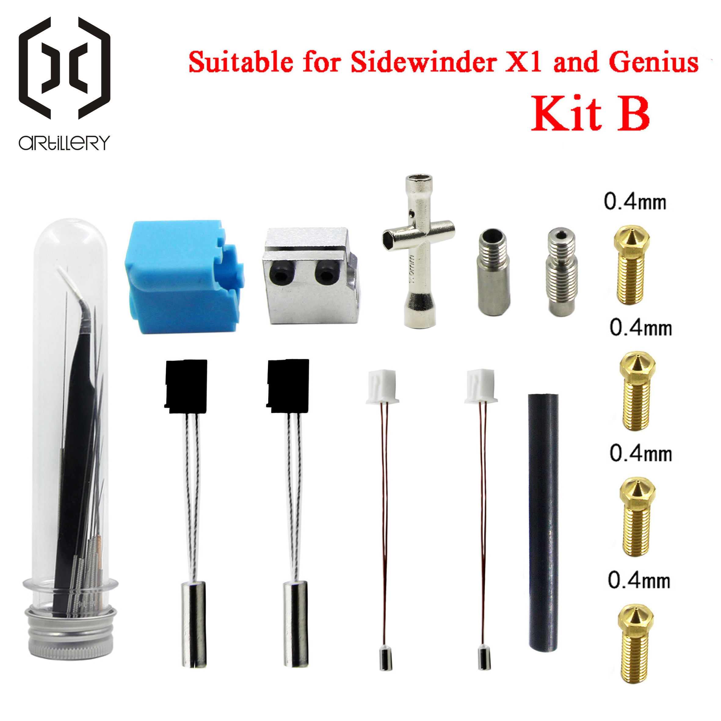 3D printer Artillery extruder Sidewinder X1 Genius and Hornet silicone nozzle kit heating block throat and thermistor idler arm: Kit B