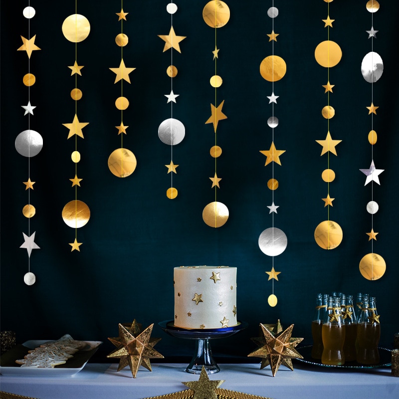 Guirnalda circular de Estrella de oro y plata de 4m para decoración de fiestas guirnaldas de papel decoración para boda cumpleaños decoración para dormitorio infantil, suministros