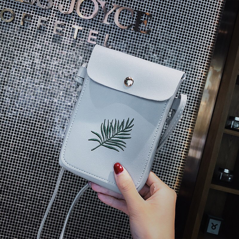 Cute Mini Crossbody Bags for Women Embroidery Leather Girls Shoulder Bag Women Bag Portable Phone Bag: Gray