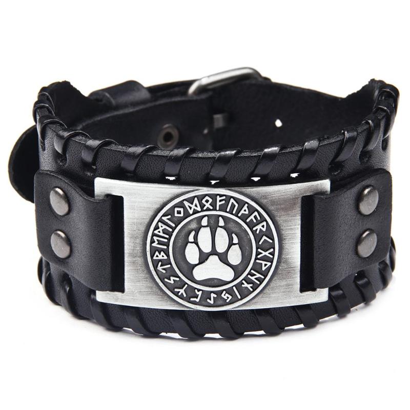 Runas nórdicas Vegvisir brújula pulsera vikinga pulseras nórdicas brújula brazalete de cuero ancho pulsera nórdica hombre joyería: Silver D