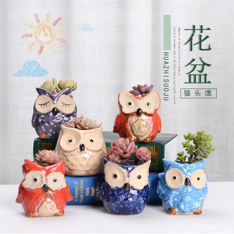 6 pièces en céramique hibou Pots de fleurs jardinières coulant glaçure Base série ensemble en céramique planteur bureau Pot de fleur mignon Plante succulente