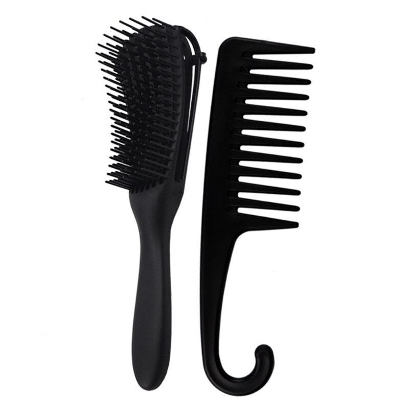2 Pack Detangling Brush Set Wide Tooth Comb for Curly Hair Textured 3a to 4c R3MF: Black