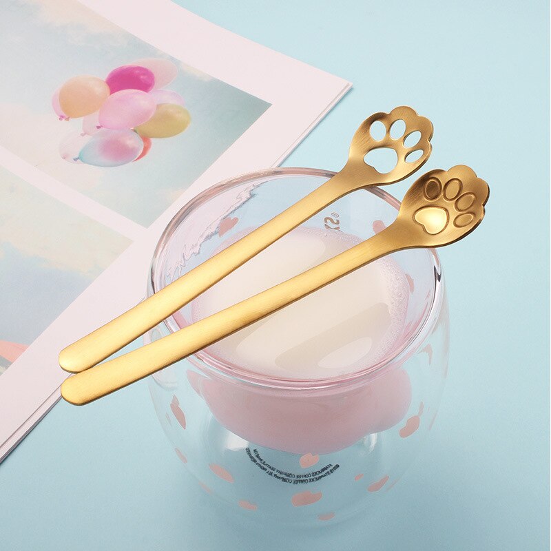 304 Stainless Steel Cat Dog Paw Claw Coffee Tea Milk Spoons Hollow Dessert Spoon Stirring Gold Spoon Cute Kitchen Tools
