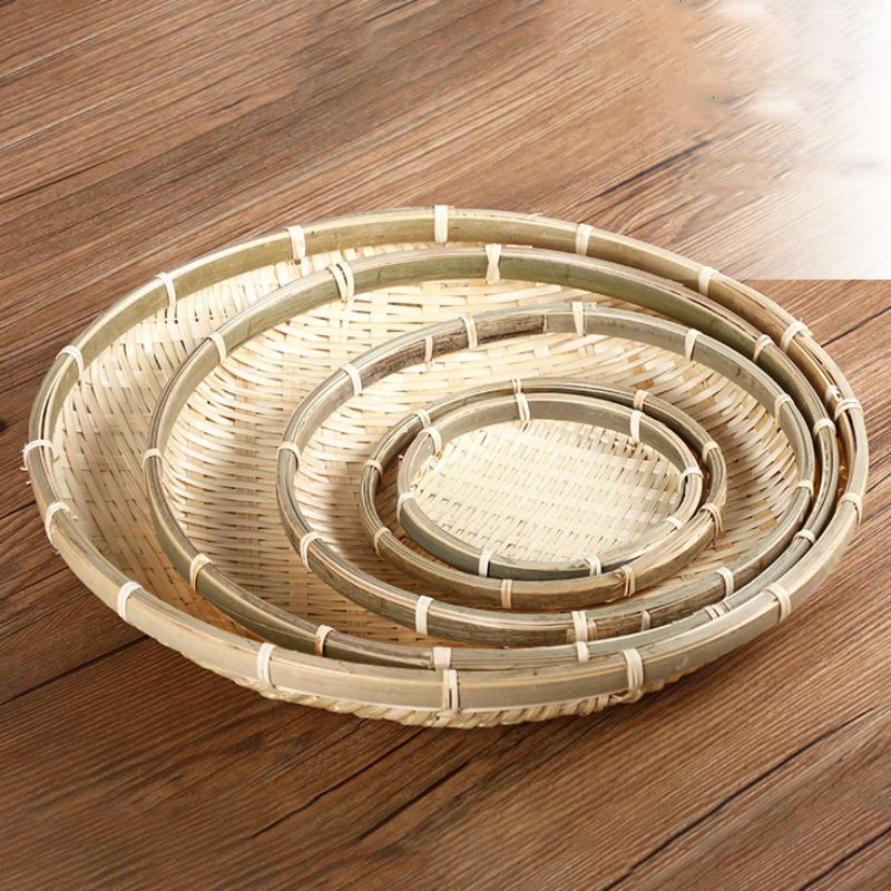 Handgemaakte Bamboe Zeef Rieten Weven Mand Ronde Fruit Brood Mand Platen Snack Voedsel Picknick Groente Gerechten Rotan Mand