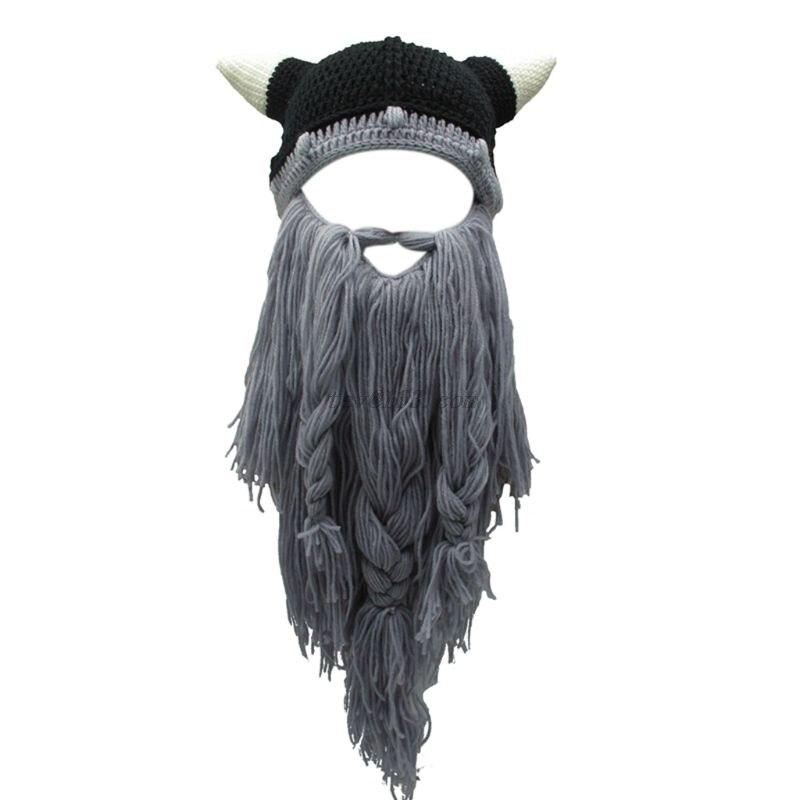 Adult Crazy Funny Halloween Cosplay Knitted Viking Beard Horn Hat Ski Mask Barbarian Vagabond Vintage Beanie Cap Winter Warmer: A