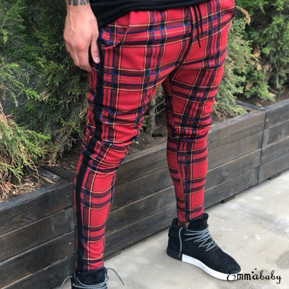 Miehet stretch skinny slim fit housut kontrasti ruudullinen housut miesten smart casual housut punainen vihreä harmaa: L / Punainen