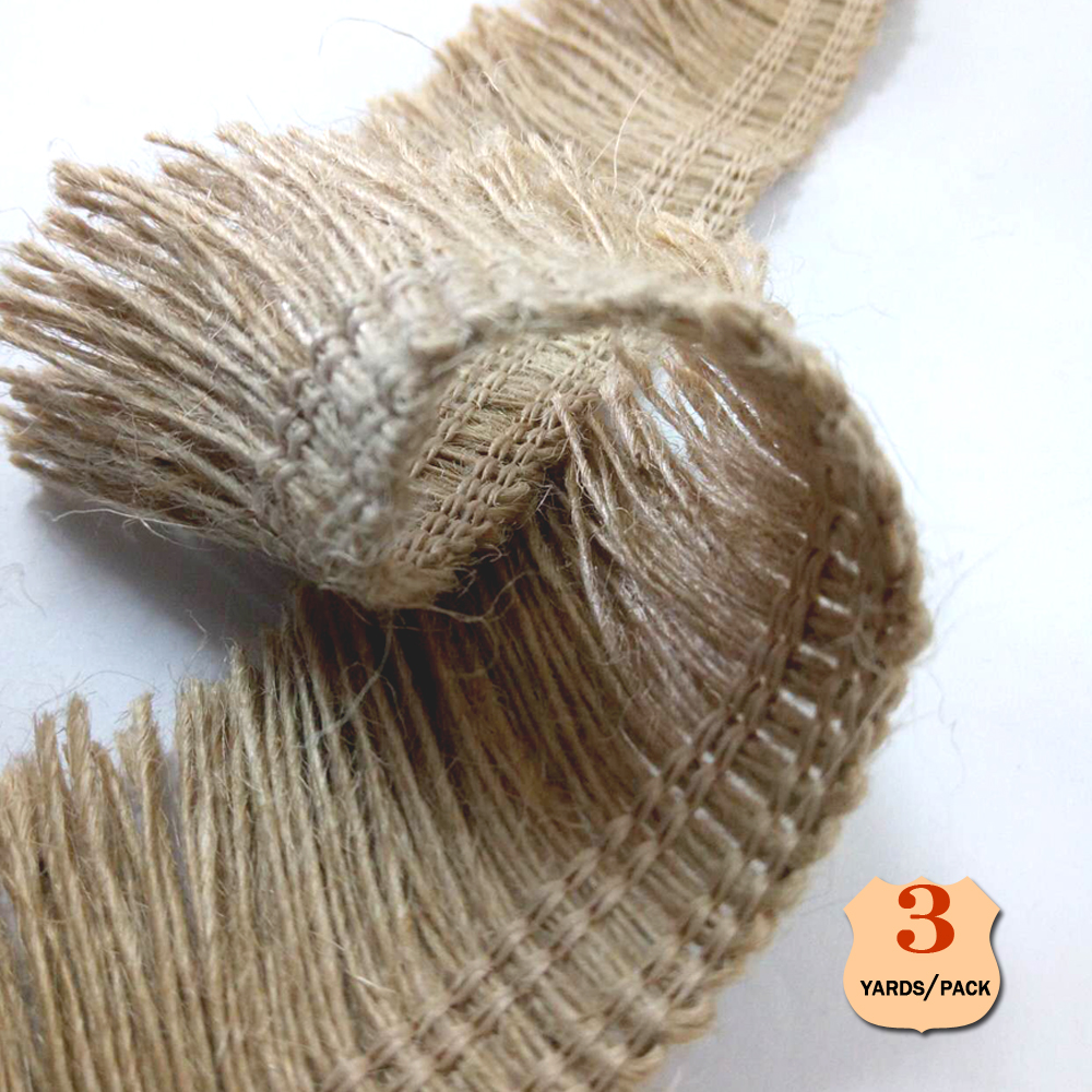 Paquete de 3 yardas, yute, volante de flecos, beige natural, ancho de 1,57 pulgadas