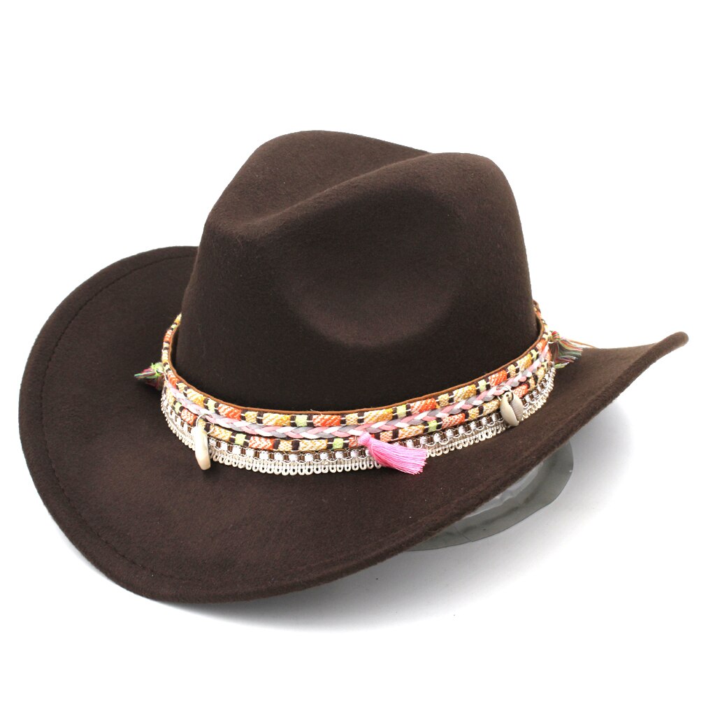 Mistdawn kvinder damer uld bred rand vestlige cowboy hat cowgirl ridning kostume kasket kvast boheme hatbånd størrelse 56-58cm bbd: Mørkebrun