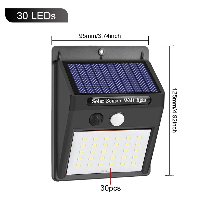 100 led zonne-energie buitenlamp met pir-bewegingssensor, op zonne-energie werkende straatverlichting voor tuindecoratie, 144 waterdichte: 30 leds