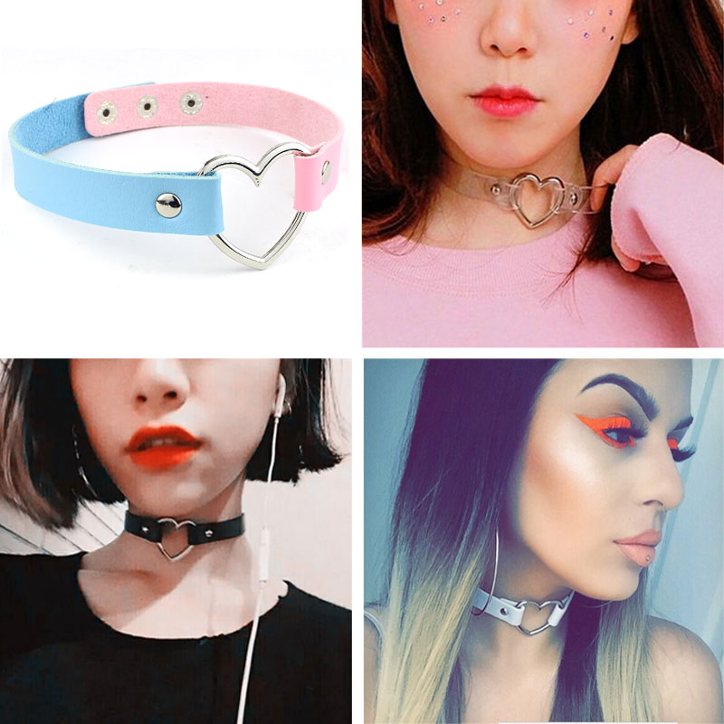 Zoeber Punk Lederen Handgemaakte Charm Chokers Kettingen Vrouwen Hart Gesp Riem Charm Kawaii Lolita Metalen Ketting Kraag