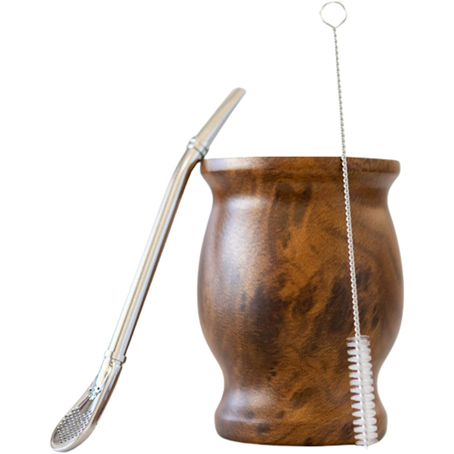 Yerba mate-setet innehåller dubbelväggiga 18/8 mate-tekoppar i rostfritt stål, en bombilla mate (halm), en rengöringsborste (trä ,230ml)