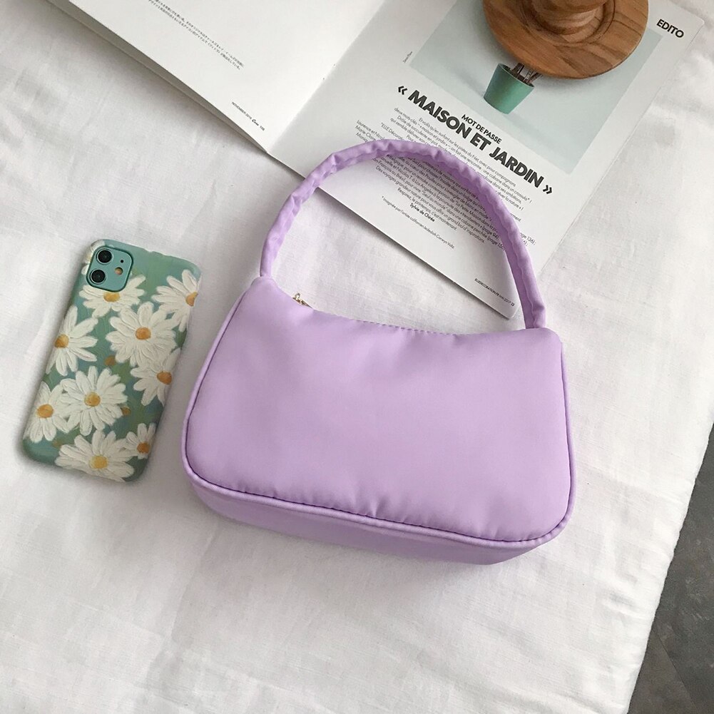 Bolso versátil sencillo para mujer, cartera informal de nailon, con cremallera de Color sólido, para hombro: Púrpura