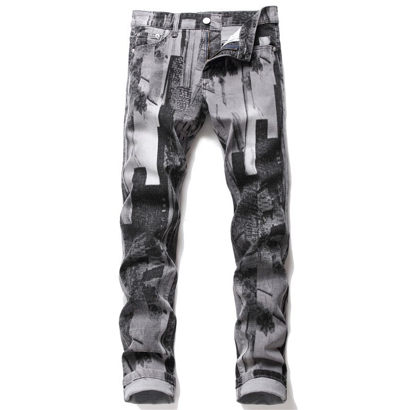 men&#39;s male casual trousers gray pattern printed jeans Slim traight stretch denim pants: 29