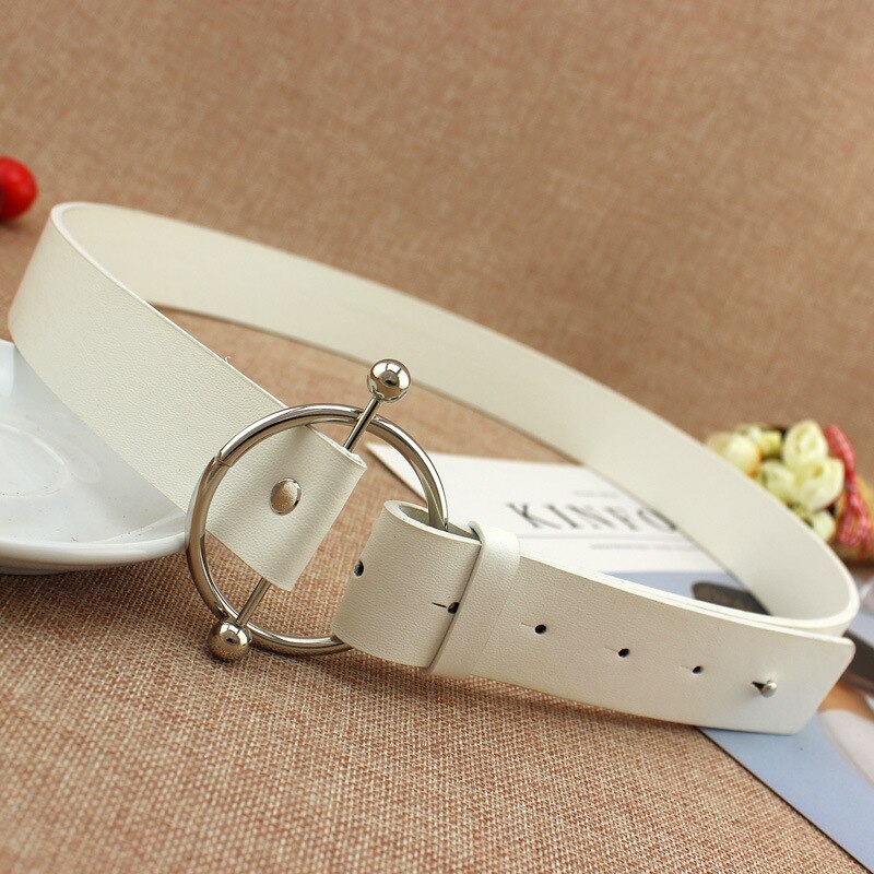 Newest Silver Round buckle belts woman women's belts without pin metal buckle black leather strap belt dames riemen: White