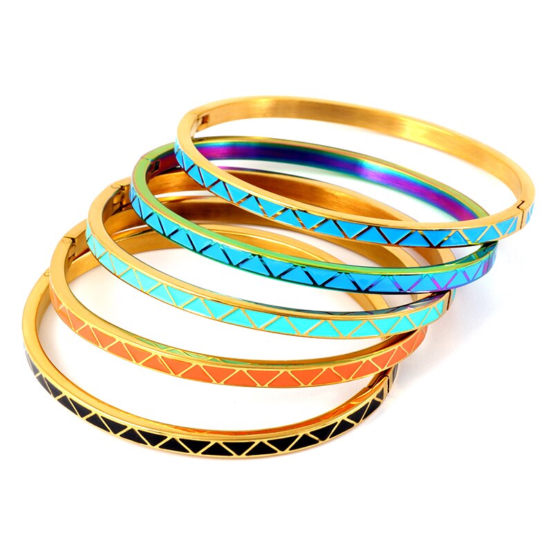 5 cores triângulo padrão bangles para mulheres aço inoxidável ouro fino pulseiras laranja azul cor esmalte jóias