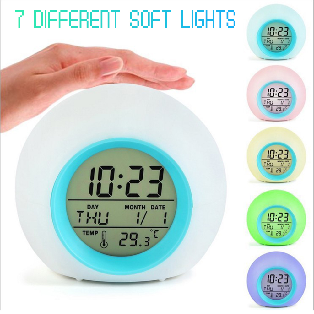 Led Wekker Licht Digitale Klok Thermometer 7 Kleuren Veranderen Light Night Glowing Klokken Voor Kinderen Tafel Desktop Despertador