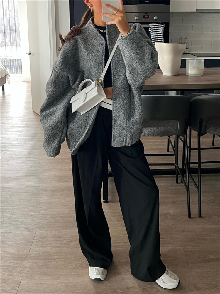 Woman Loose Gray Warm Baseball Jacket Spring Casual Oversized Bomber Jacket Girls Vintage Thick Warm Outwear