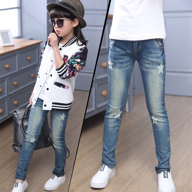 Jenter jeans slim kids jean for jente star elastisk midje småbarn tenåring barn bukse småbarnsbukse