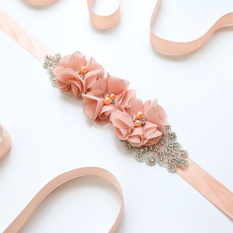 Zomer strand bruiloft bloemen riemen voor bruid parel chiffon bloemen riemen sjerpen kristal bruidsaccessoires ceinture mariage