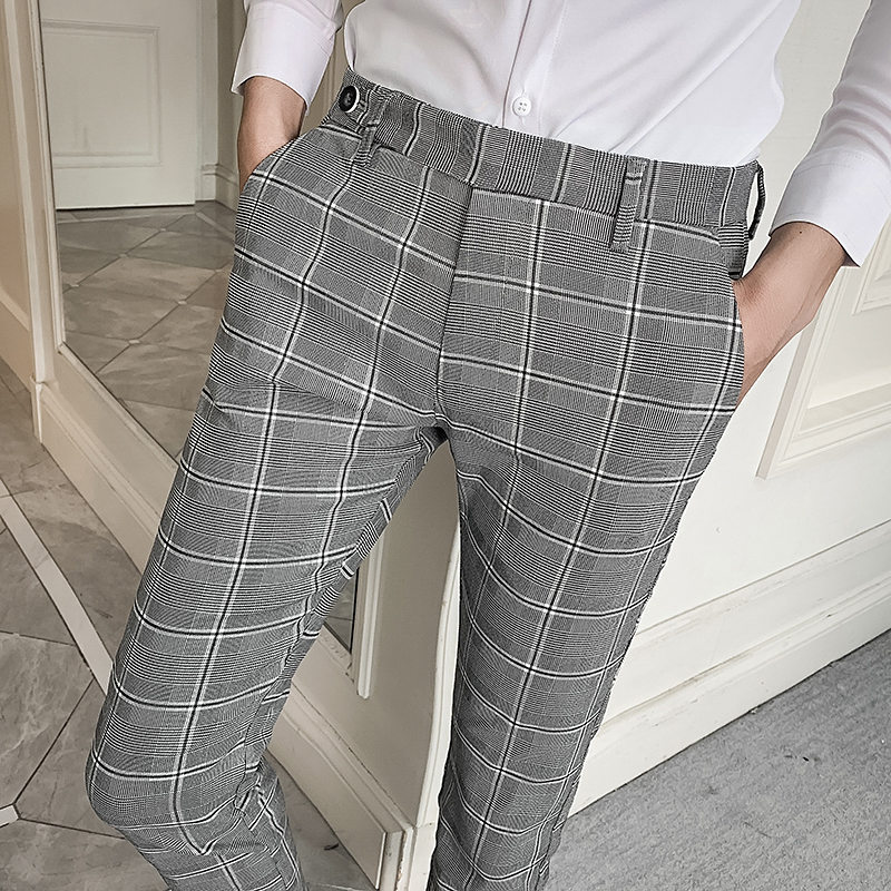 de los hombres vestido a cuadros pantalones de la longitud del tobillo Pantalon hombre Casual traje de hombre Slim Pantalón Formal de negocios pantalones Streetwear ropa