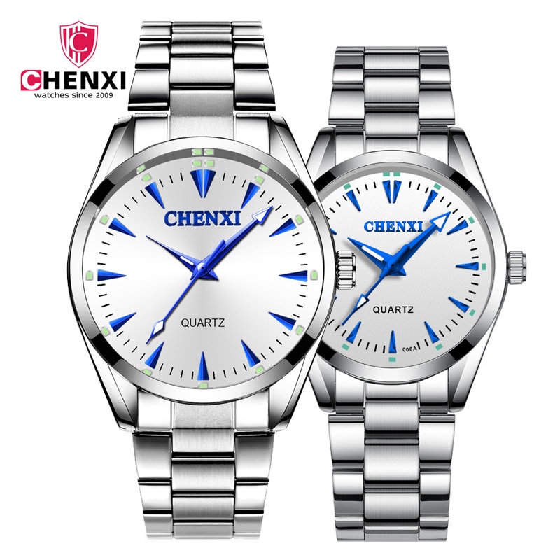 Luxe Chenxi Paar Horloges Roestvrij Staal Zilveren Horloge Voor Vrouwen Mode Toevallige Waterdichte Quartz Horloges Mannen Vrouwen