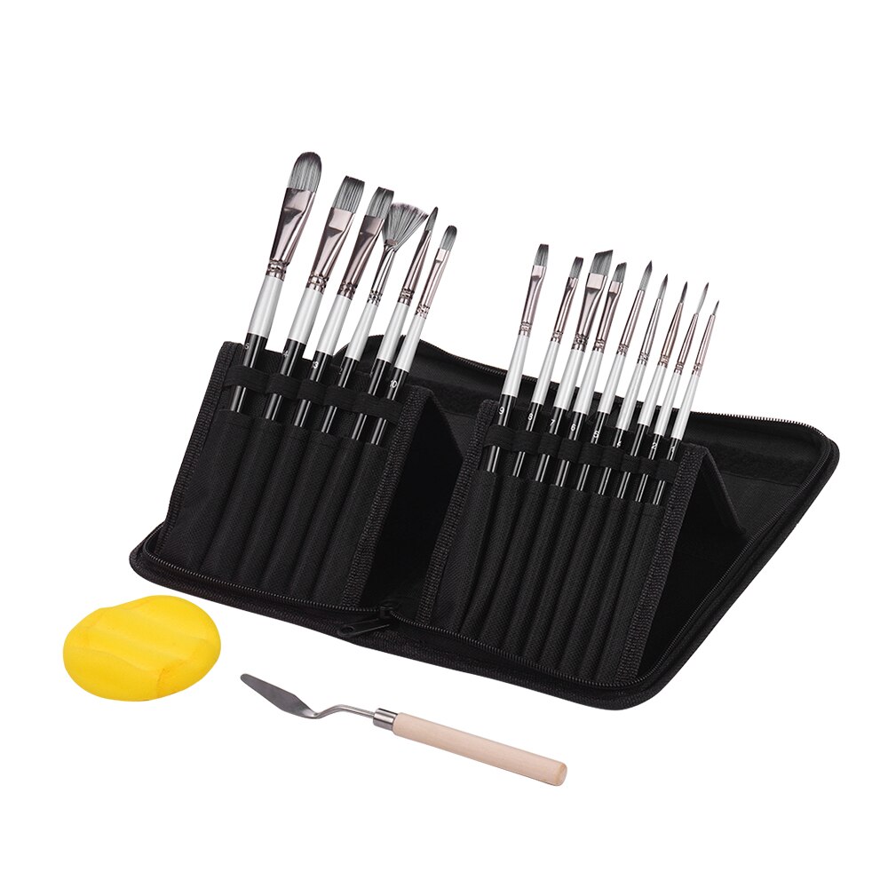 15pcs/set Artist Paint Brushes Set with Drawing Paintbrush Nylon Hair Wooden Handle Scraper Sponge Ball Carrying Case