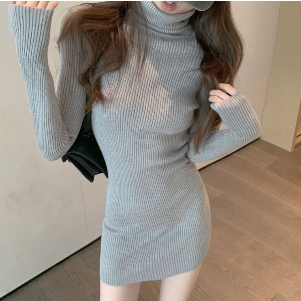 Häkeln gestrickte Kleidung 2024 weibliches Kleid schwarz extrem Mini sexy gewagte kurze feste Damen kleider Roll kragen elegante Party: S / Grau