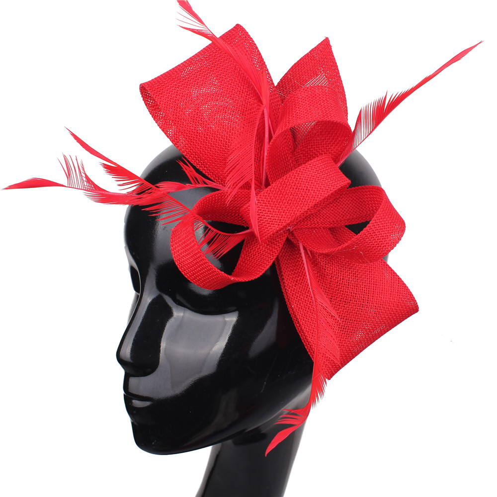 Nachahmung Sinamay Hochzeit Kopfbedeckung Braut Champagner Fascinator Hut Haarnadel mit ausgefallenen Federn Haarschmuck Damen Kopfschmuck: Rot