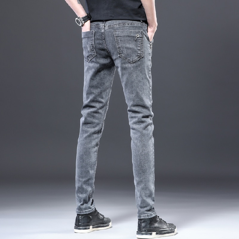 Jeans mænd casual flim fit denim bukser stretch straight mænd skinny jeans bukser grå denim bukser streetwear