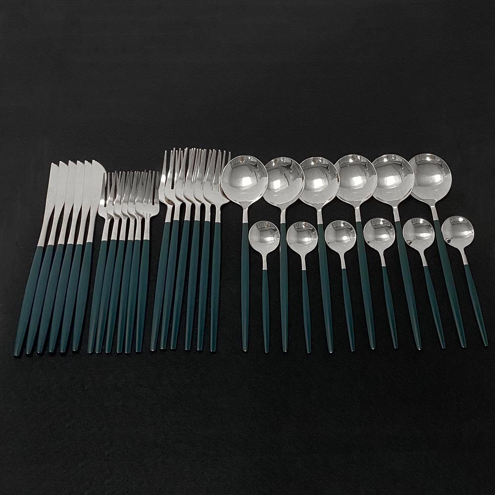 30pcs Dark Green Dinnerware Set 18/10 Stainless Steel Cutlery Set Flatware Tableware Set Dinner Knife Fork Spoon Dishwasher Safe: Green Silver