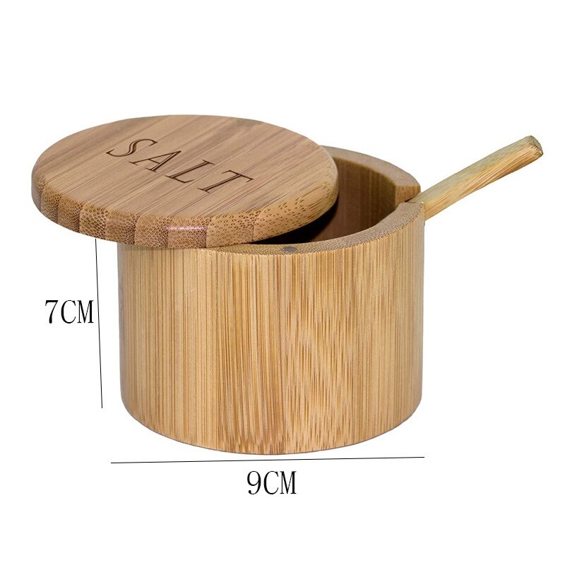 JHD-Salt Box, Bamboo Storage Box With Magnetic Swivel Lid, Salt Engraved On Lid With Bamboo Spoon Bamboo Salt Keeper