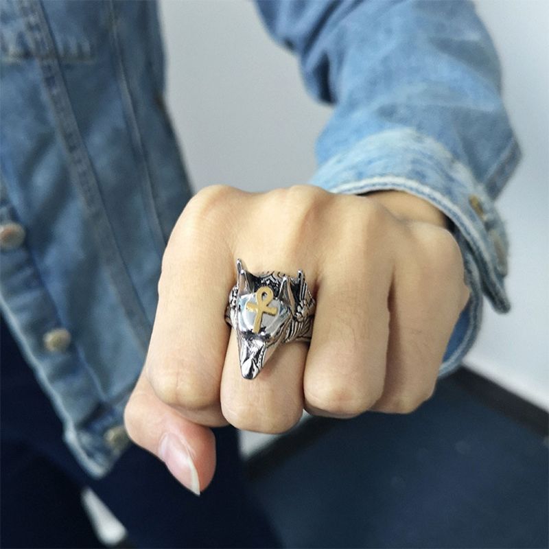 Mænd rustfrit stål egyptisk gud anubis guld ankh krydsring anubis beast bands ring