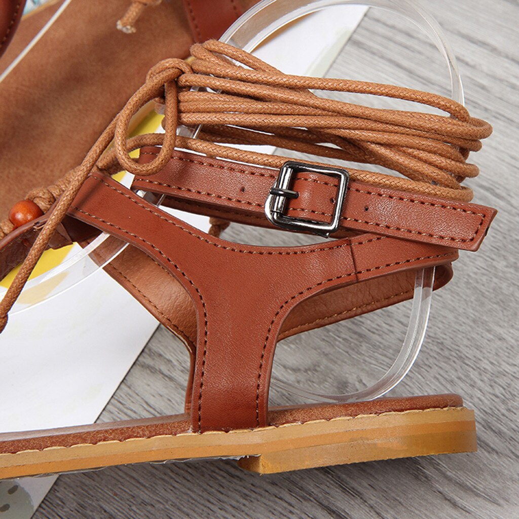 YOUYEDIAN Rome Microfiber leather Lace-Up Round Toe sandals women flat with Cross Strap Buckle Flat-soled strap-on shoes#g20