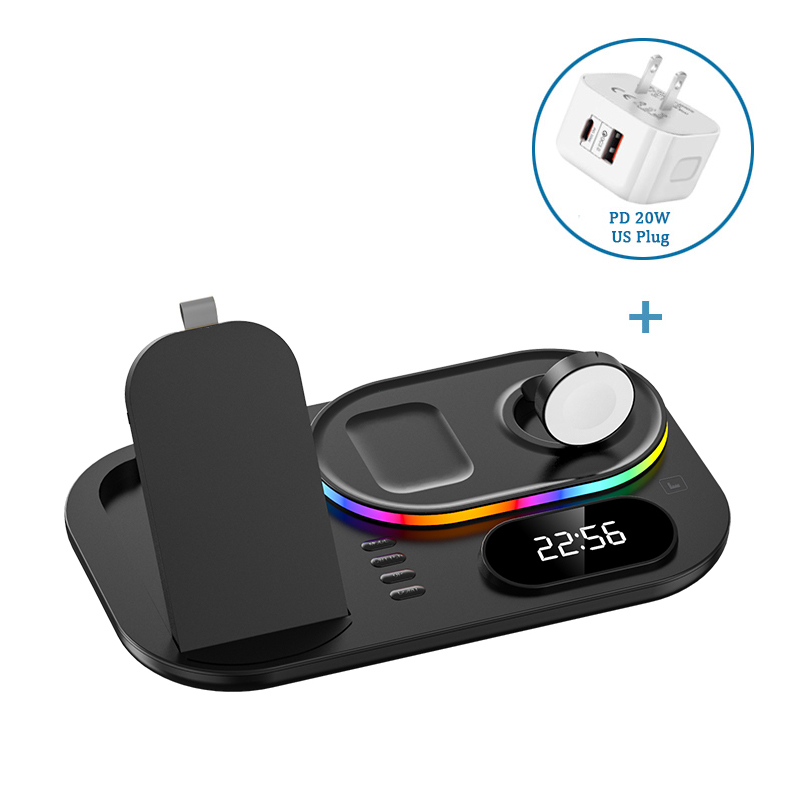 Qi 3 in 1 schnellladestation für iphone 13, 12 11 pro max/apple watch 7, 6 se/ airpods pro, kabelloses ladegerät mit uhrfunktion: Schwarzer us-stecker (c)