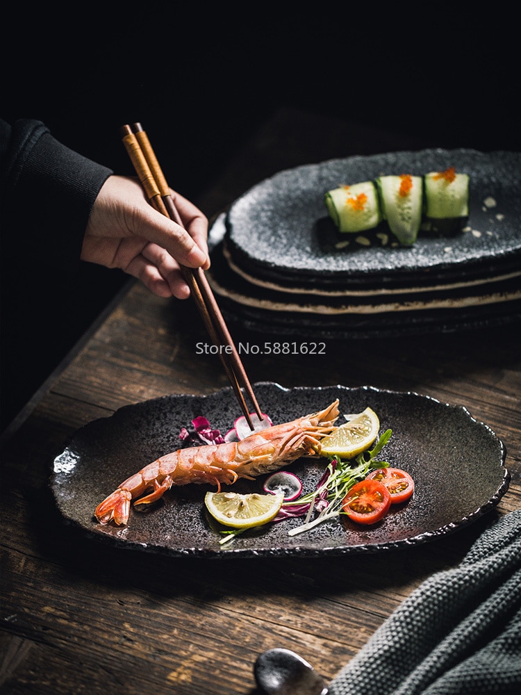 Vaisselle en céramique, Style japonais, perle noire, vaisselle créative, plat à Sushi, longues bandes irrégulières, plateau quotidien, assiette à Dessert